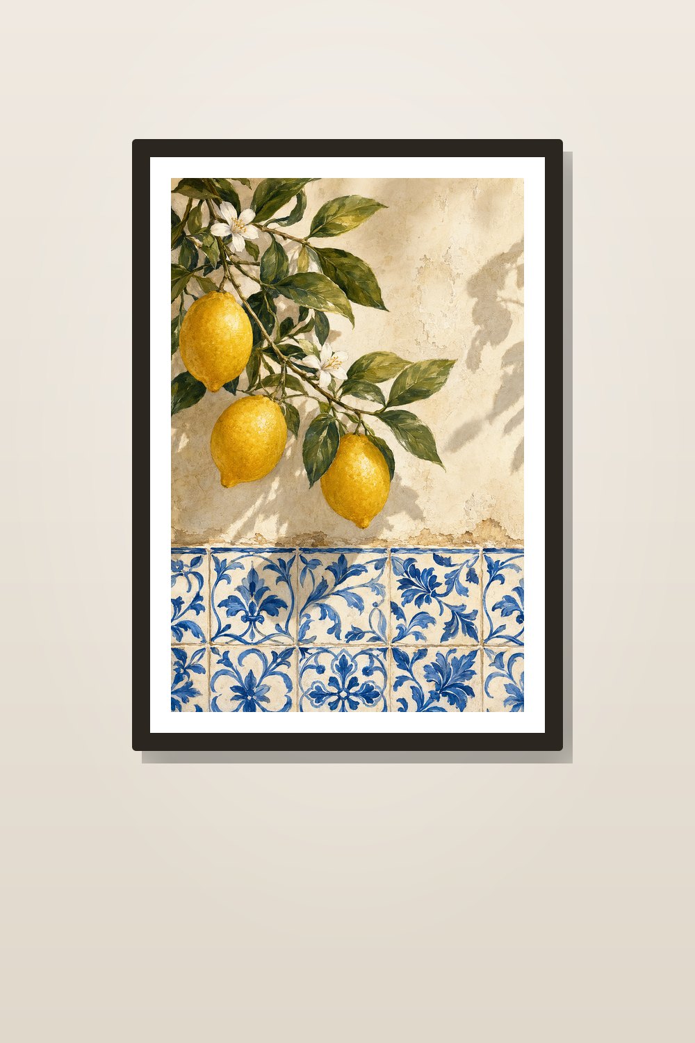 Mediterranean Lemon Kitchen Wall Art Printable Set, Blue White Tile Coastal Prints