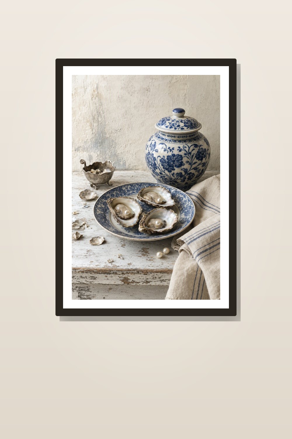 Vintage Oyster Wall Art Printable Set, Blue and White Coastal Kitchen Decor
