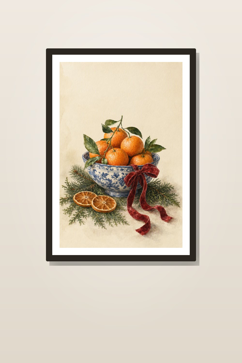 Christmas Citrus Wall Art Printable Set, Vintage Watercolor Clementine & Red Velvet Bow Prints