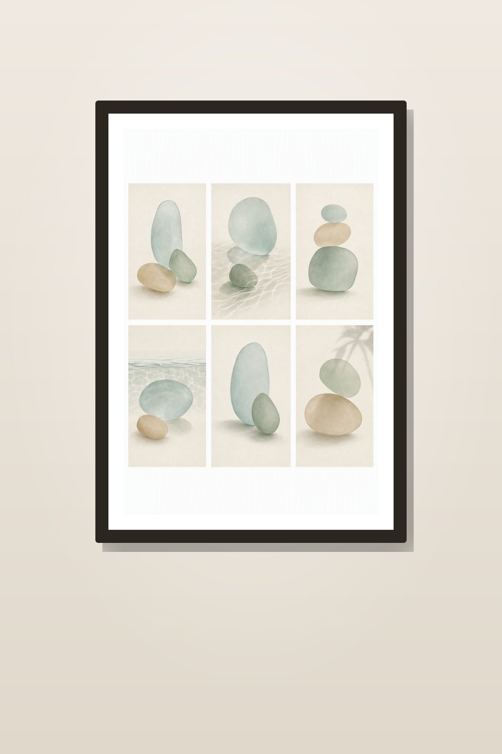 Minimalist Bathroom Wall Art Printable Set, Sage Green Sea Glass & Pebble Spa Decor