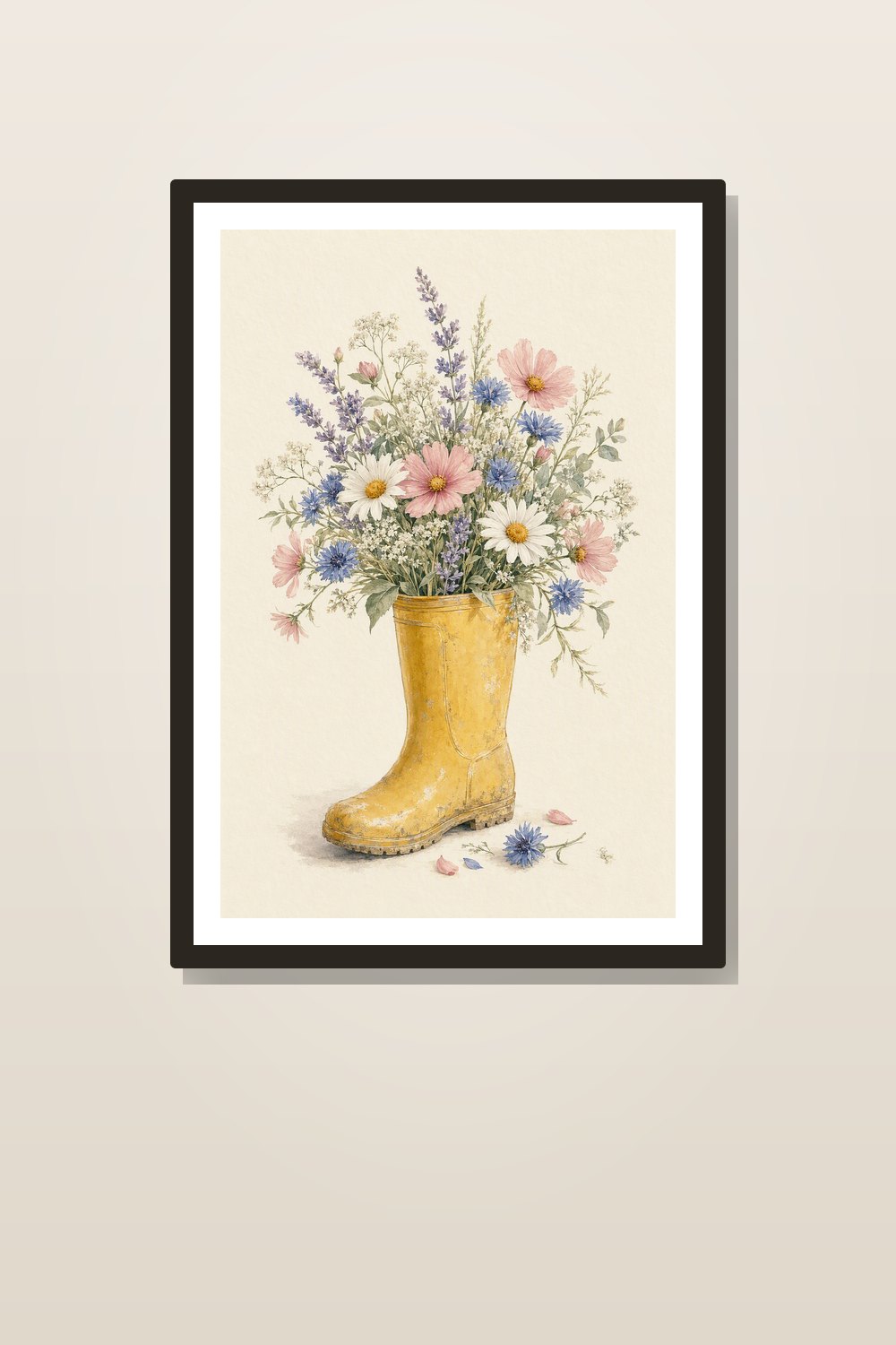 Spring Cottagecore Wall Art Printable Set, Yellow Rain Boot Wildflowers & Watering Can Flowers