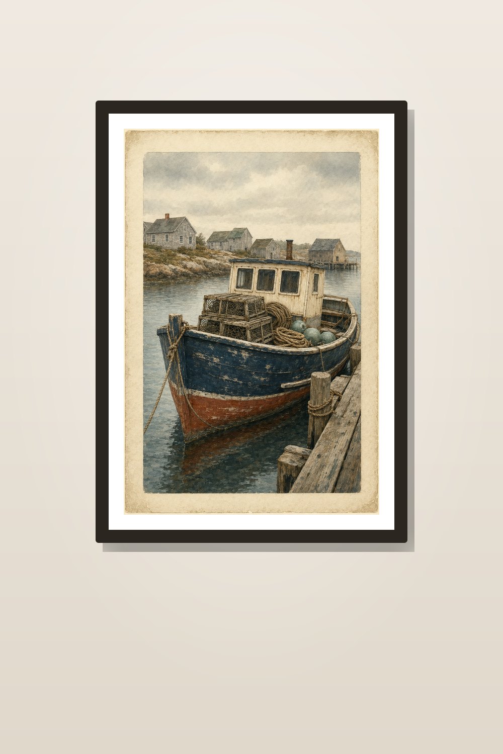 Vintage Fishing Village Wall Art Printable Set, Coastal Harbor & Lobster Boat Digital Download