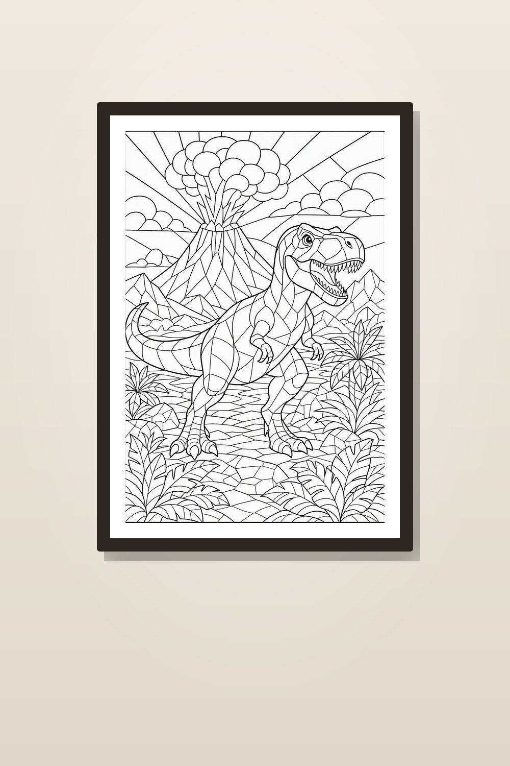 Dinosaur Stained Glass Coloring Pages Printable Bundle, 8 Geometric Dino PDF Pages Ages 6–10