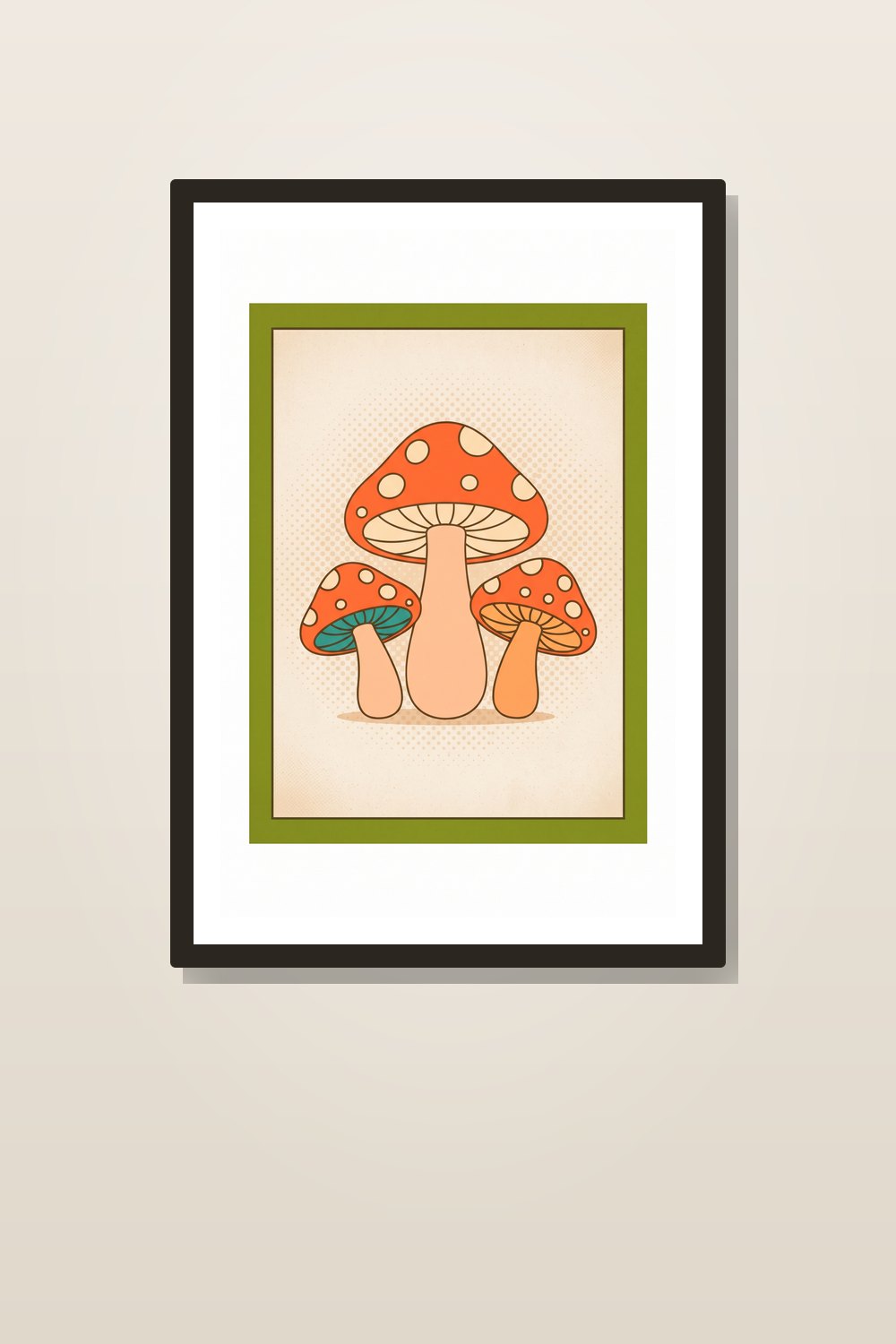 Retro Kitchen Wall Art Printable Set - Groovy Mushroom & Vintage Checkerboard Coffee Prints (5-Piece Gallery Wall Bundle) — styled in a room