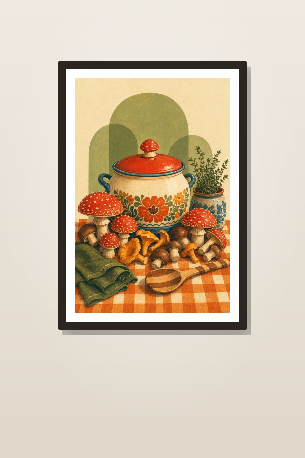 Retro Mushroom Kitchen Wall Art Printable Set, 70s Gingham Decor