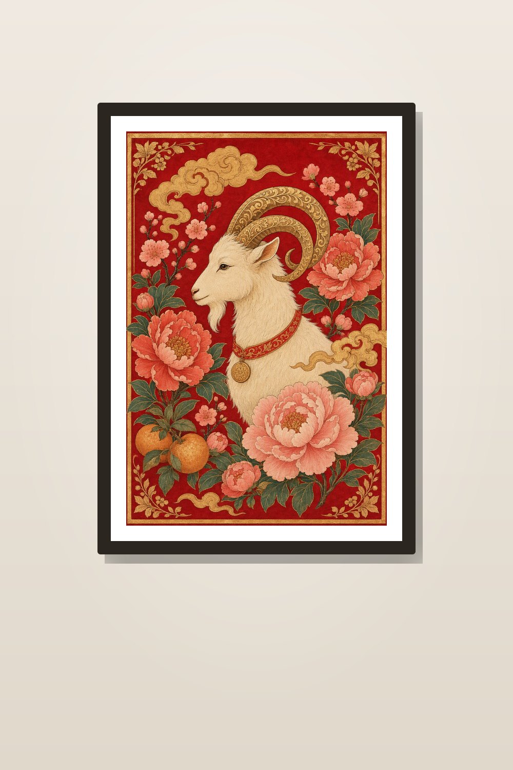 2027 Year of the Goat Wall Art Printable Set, Lunar New Year Red Peony & Gold Decor
