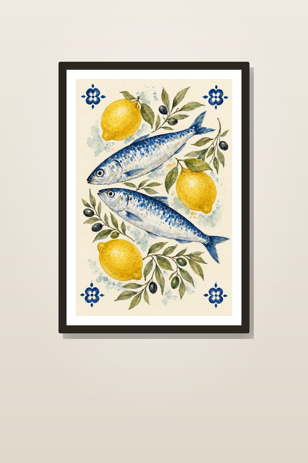 Mediterranean Lemon Kitchen Wall Art Printable Set, Sardine & Blue Coastal Decor