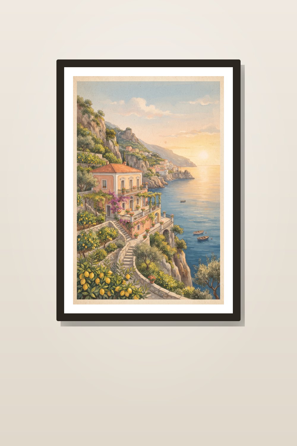 Amalfi Coast Wall Art Set, Mediterranean Sea Printables, Coastal Cliffside Gallery Wall, Italian Summer Digital Art (6 Piece Set) — styled in a room
