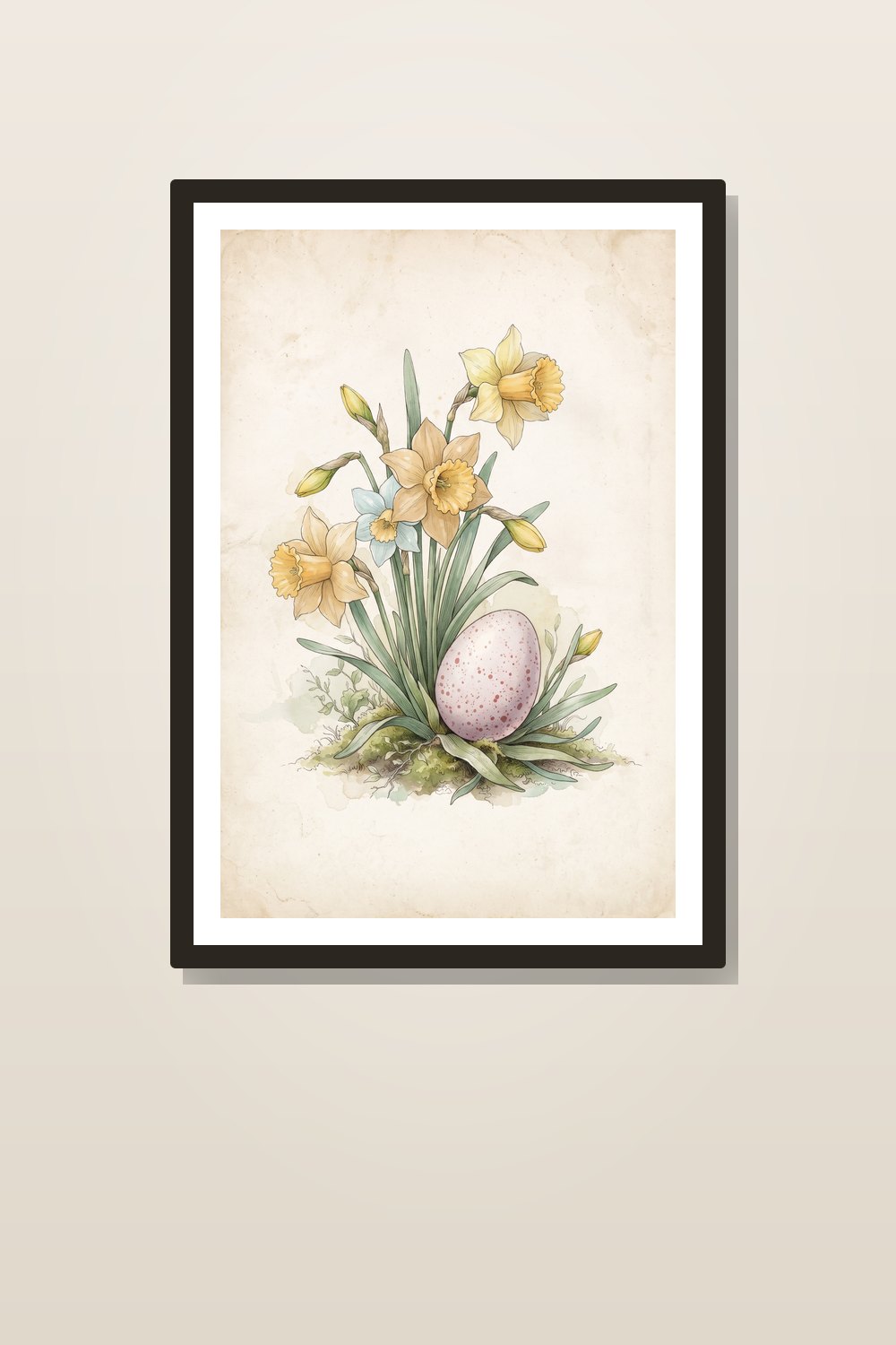 Easter Watercolor Wall Art Printable Set — Vintage Speckled Egg & Spring Wildflower Botanical Print Bundle — styled in a room