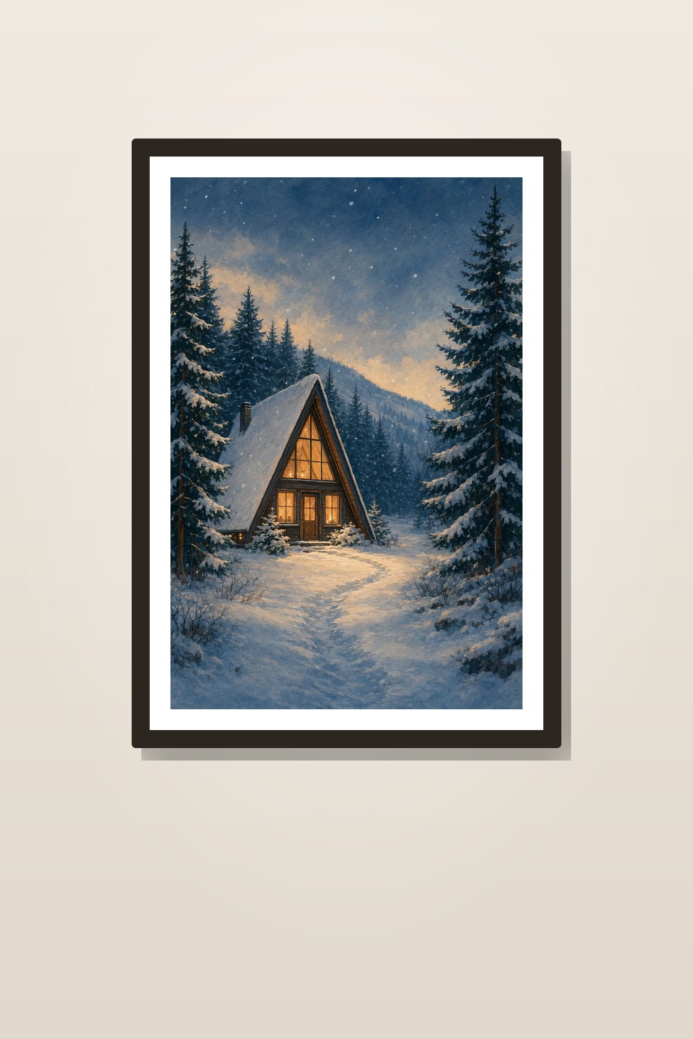 Cozy Winter Cabin Wall Art Printable Set, Snowy A-Frame Decor