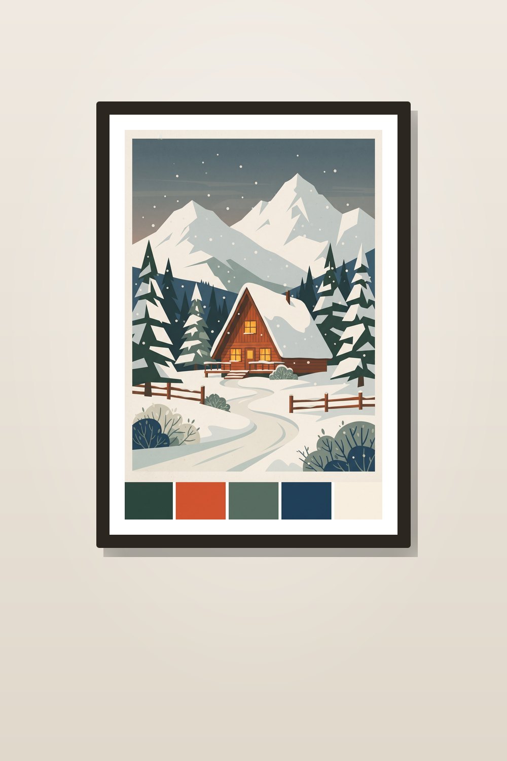 Vintage Ski Art Printable Set: Alpine Christmas Wall Art, Retro Ski Chalet Decor, Winter Cabin Gallery Wall Prints — styled in a room