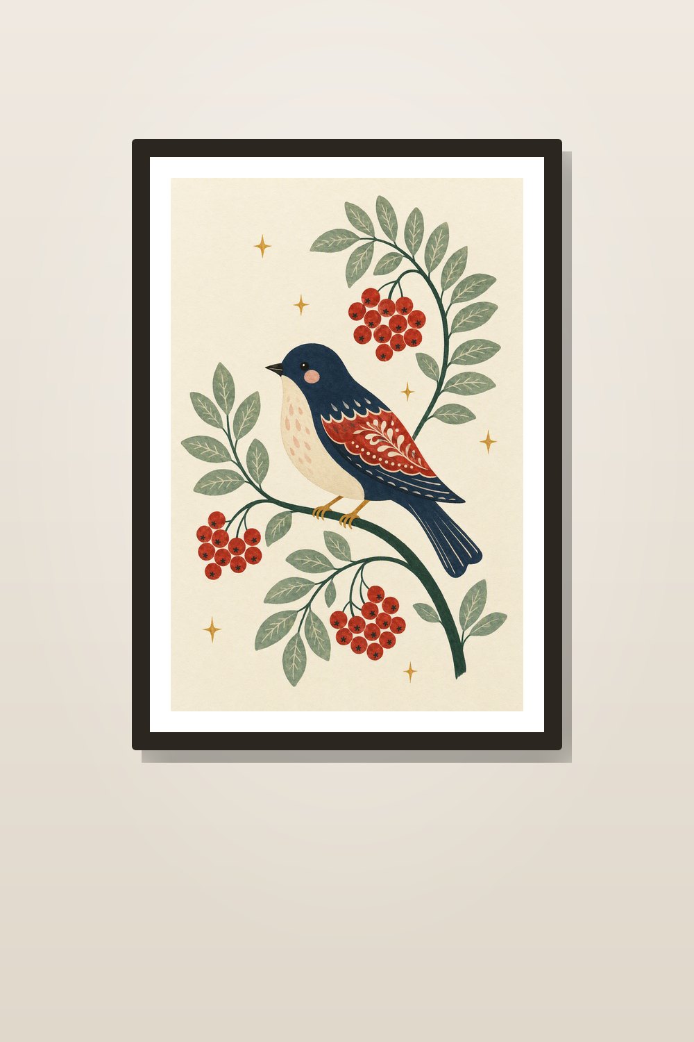 Nordic Christmas Wall Art Printable Set, Scandinavian Folk Bird & Red Berry Prints