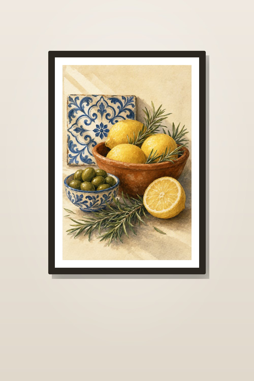 Spanish Kitchen Wall Art Printable Set, Mediterranean Herb & Citrus Prints, Blue Tile Cocina Decor