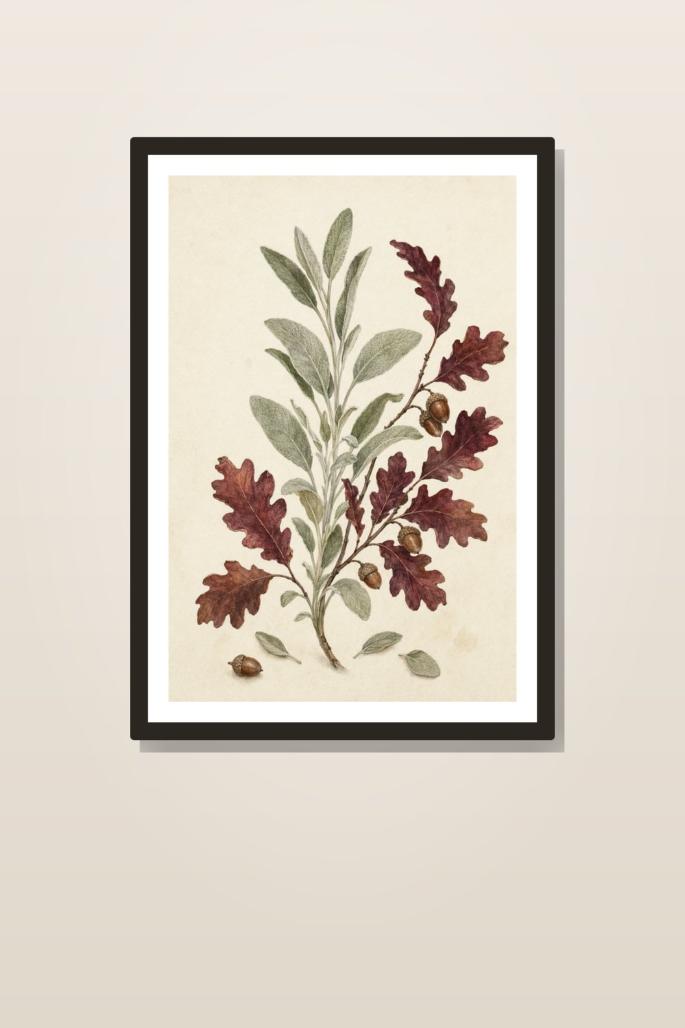 Autumn Botanical Kitchen Wall Art Printable Set, Watercolor Sage Thyme Rosemary & Oak Leaves
