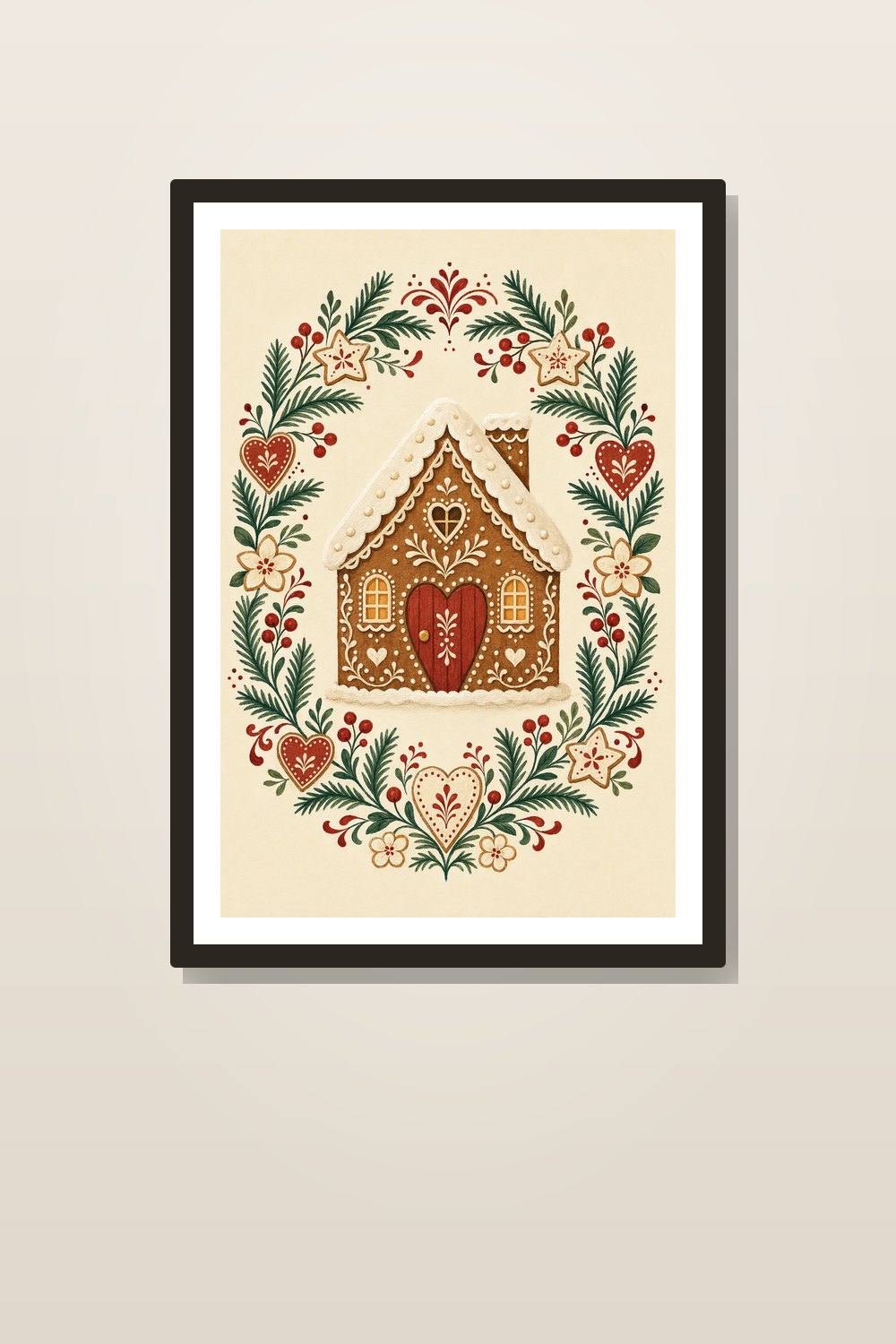 Scandinavian Christmas Kitchen Wall Art Printable Set, Nordic Gingerbread House & Baking Decor, Red Cream Folk Art Gallery Wall