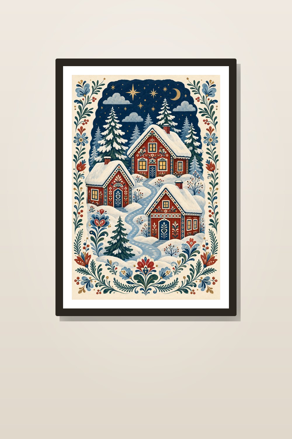 Scandinavian Folk Art Winter Wall Art Printable Set, Nordic Village & Dala Horse Prints