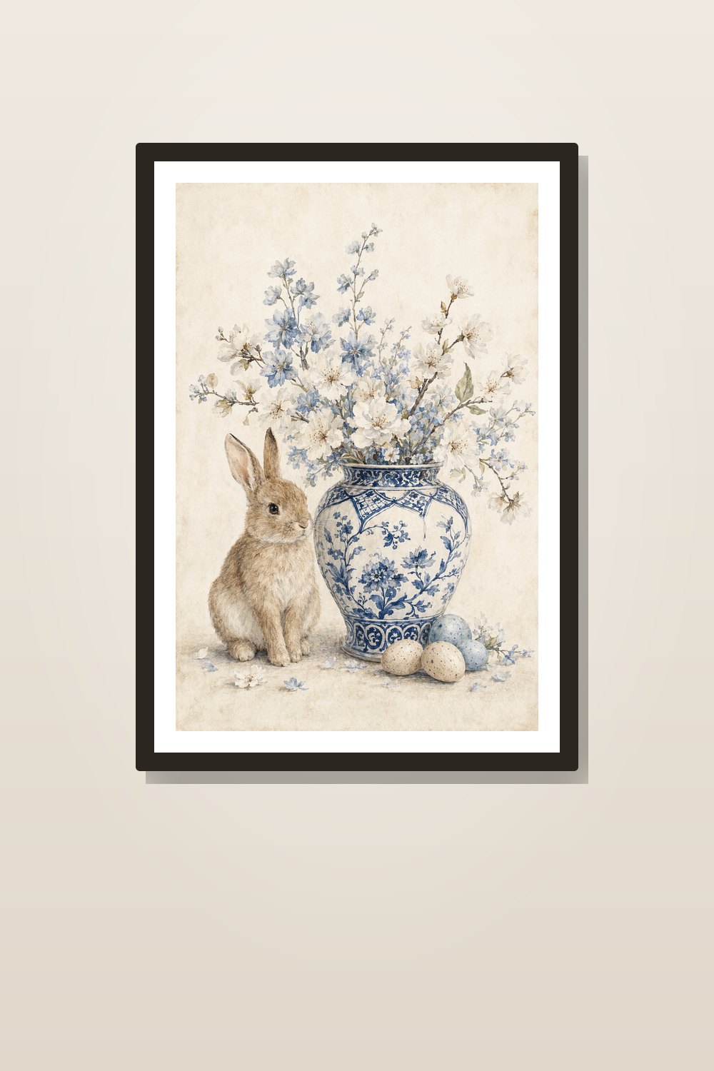 Easter Bunny Chinoiserie Printable Wall Art Set, Blue and White Ginger Jar Watercolor Prints, Grandmillennial Spring Decor Bundle