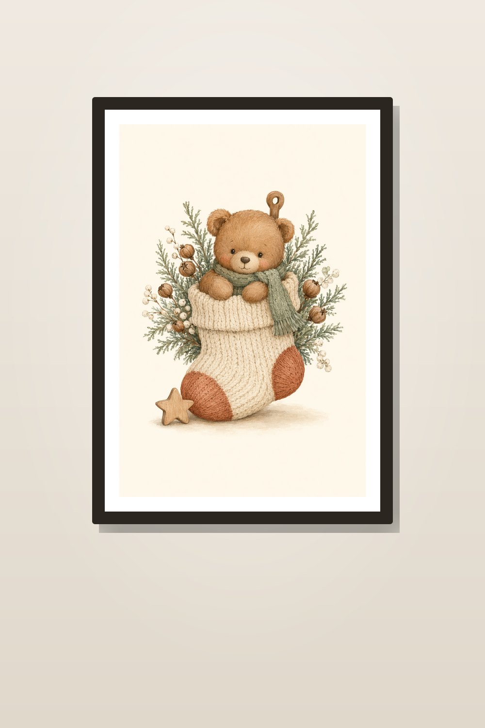 Boho Christmas Nursery Wall Art Printable Set, Neutral Teddy Bear & Woodland Decor