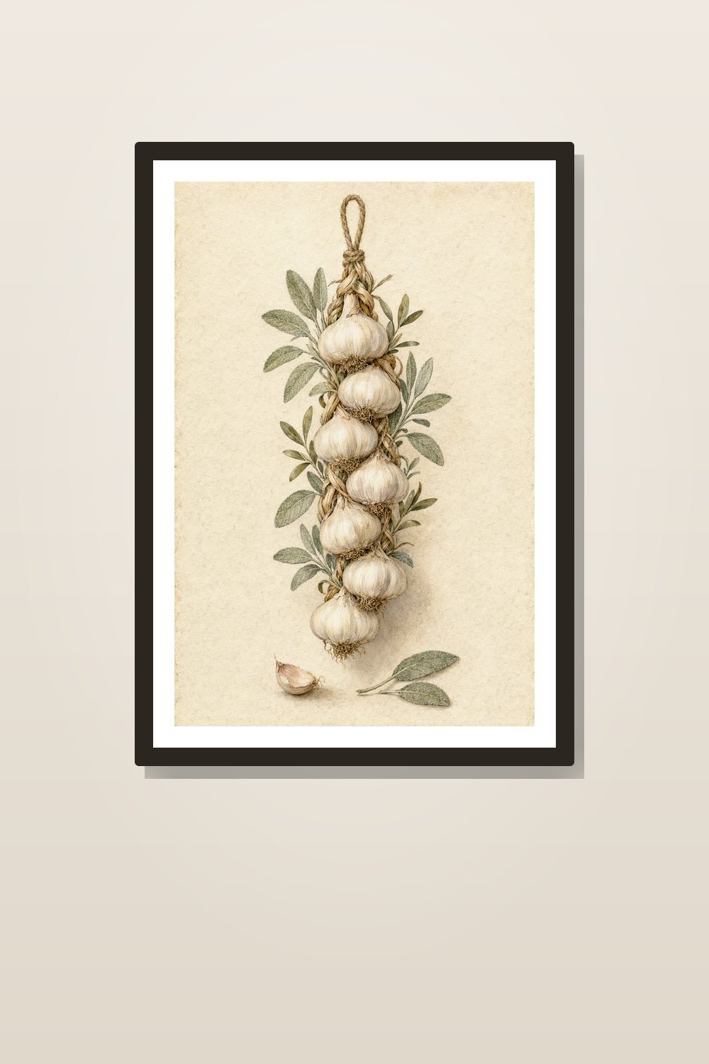 Autumn Kitchen Wall Art Printable Set, Vintage Watercolor Herb, Garlic & Pear Prints