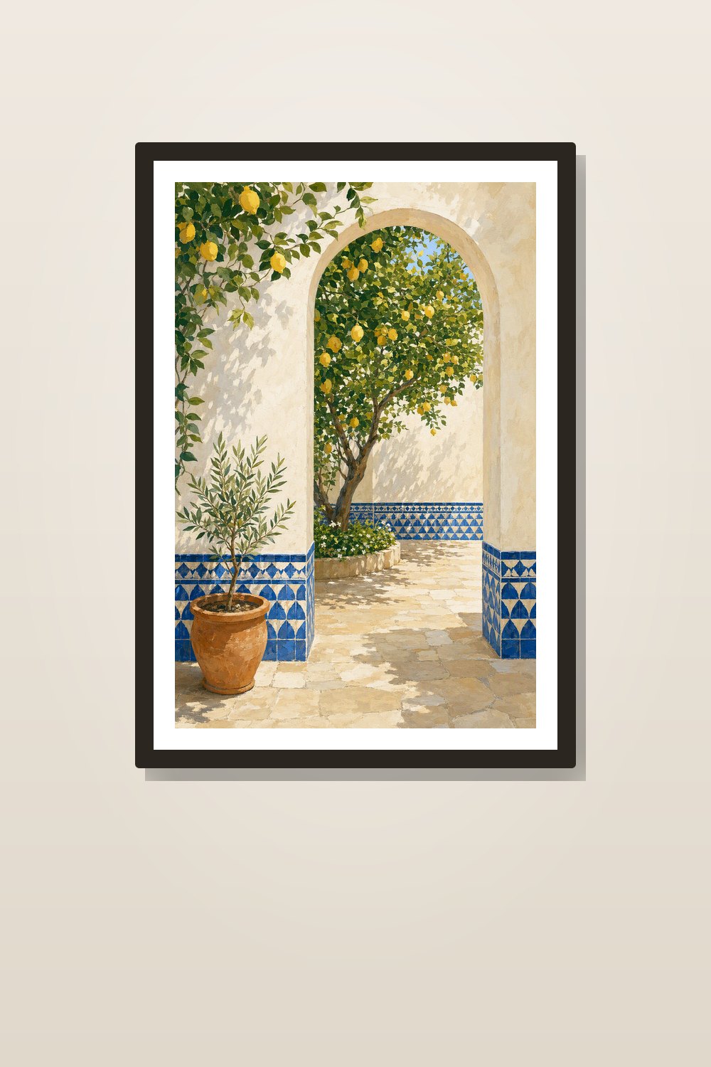 Mediterranean Lemon Wall Art Printable Set, Italian Summer Blue Tile Kitchen Decor