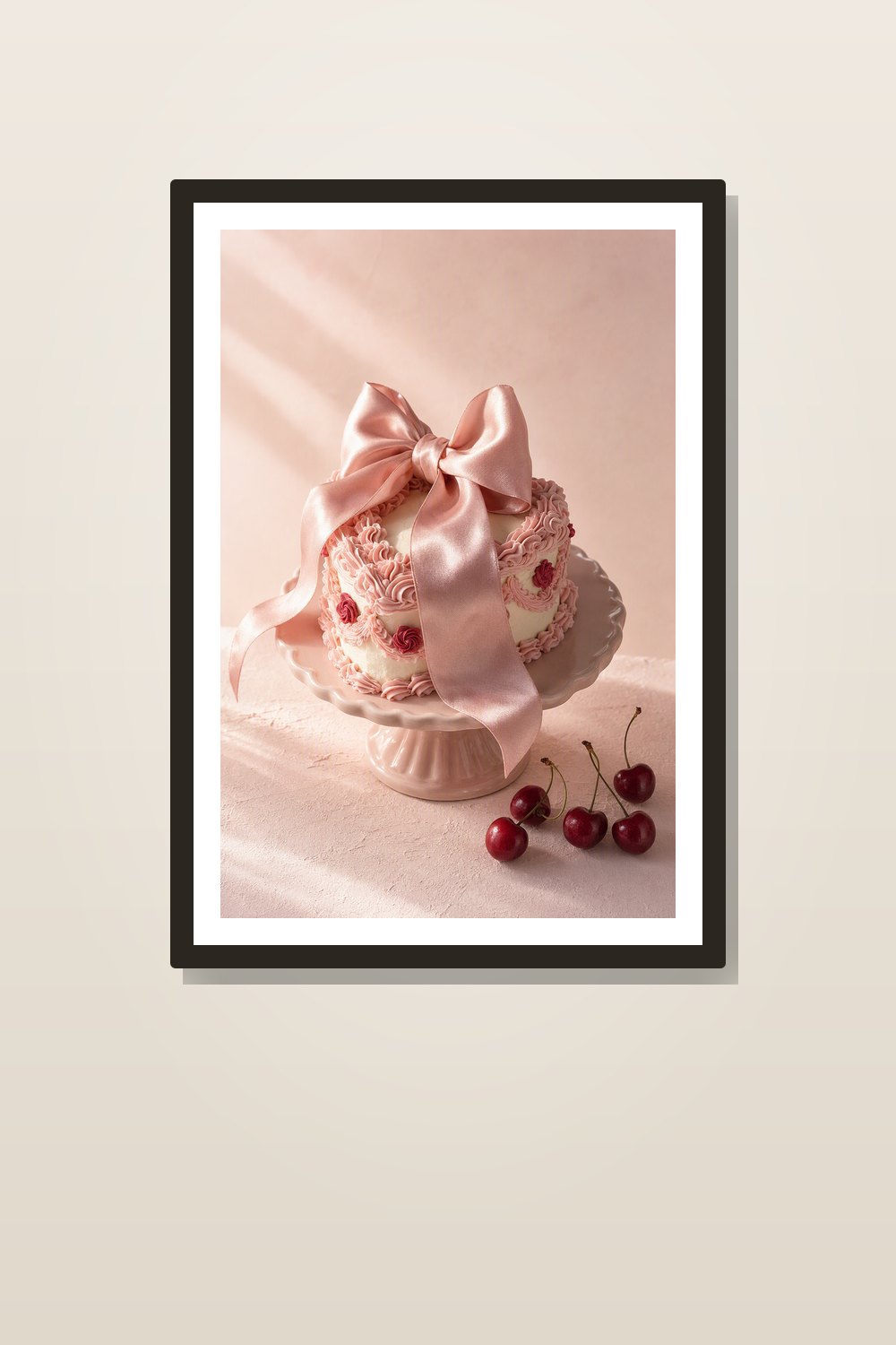 Pastel Valentine Wall Art Printable Set, Coquette Pink Bow & Heart Cake Gallery Wall Decor