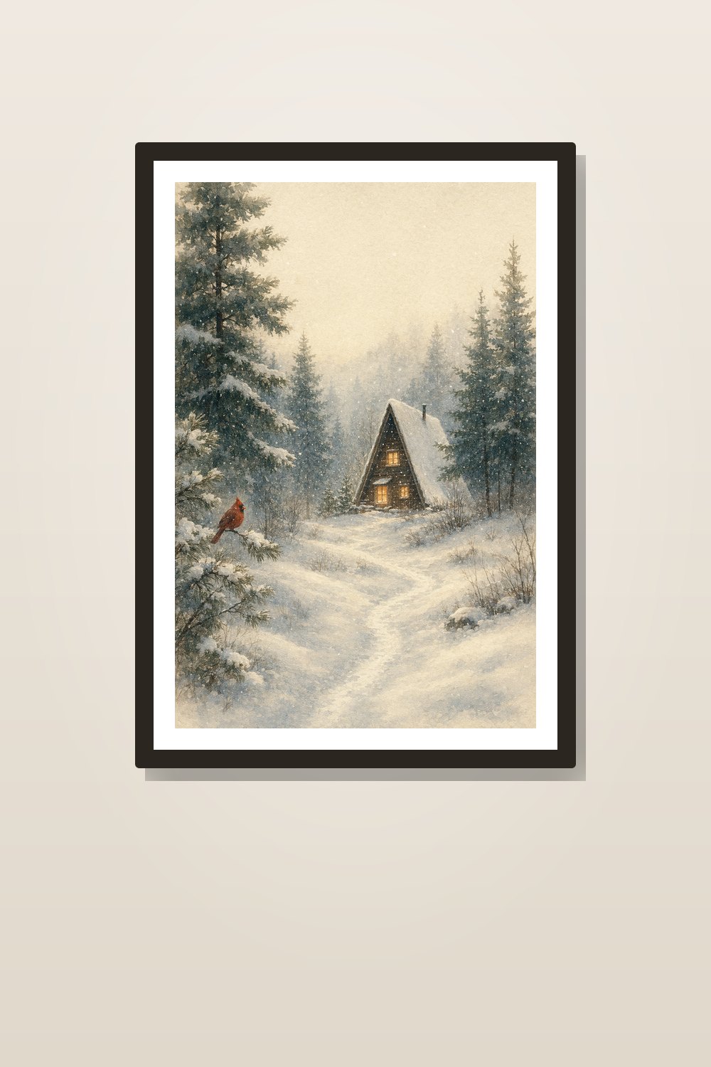 Cozy Winter Cabin Wall Art Printable Set, A-Frame Wildlife Vintage Watercolor Gallery Wall