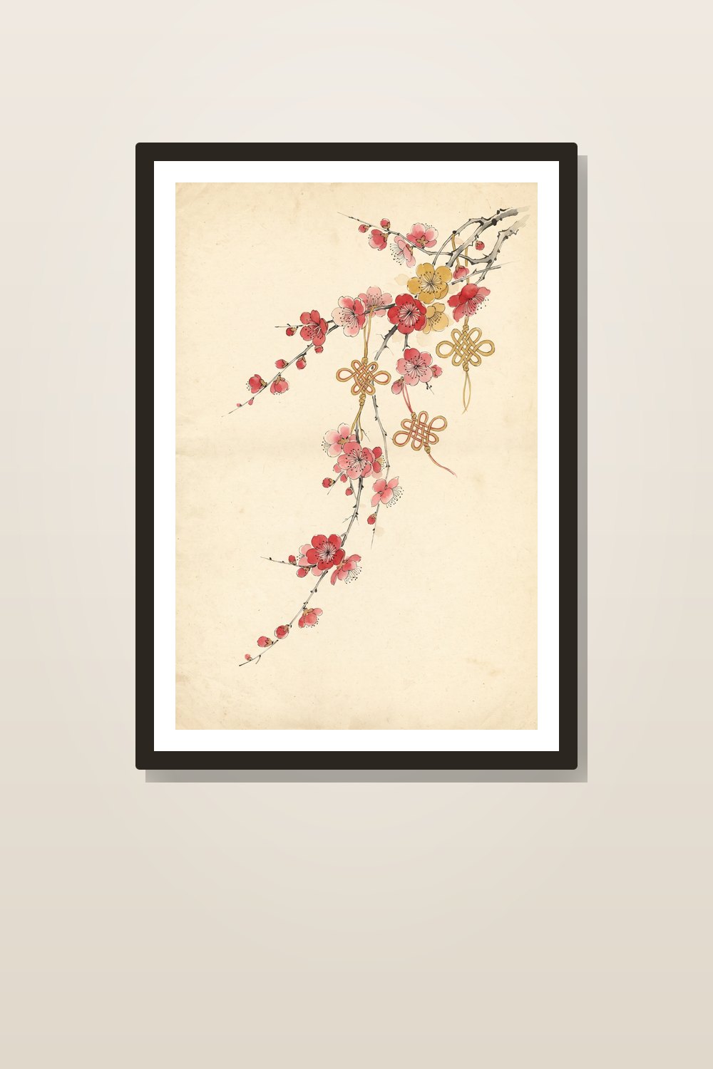 Lunar New Year Wall Art Set, Plum Blossom Art Prints, Chinese New Year Botanical Decor, Red and Gold Vintage Watercolors — styled in a room