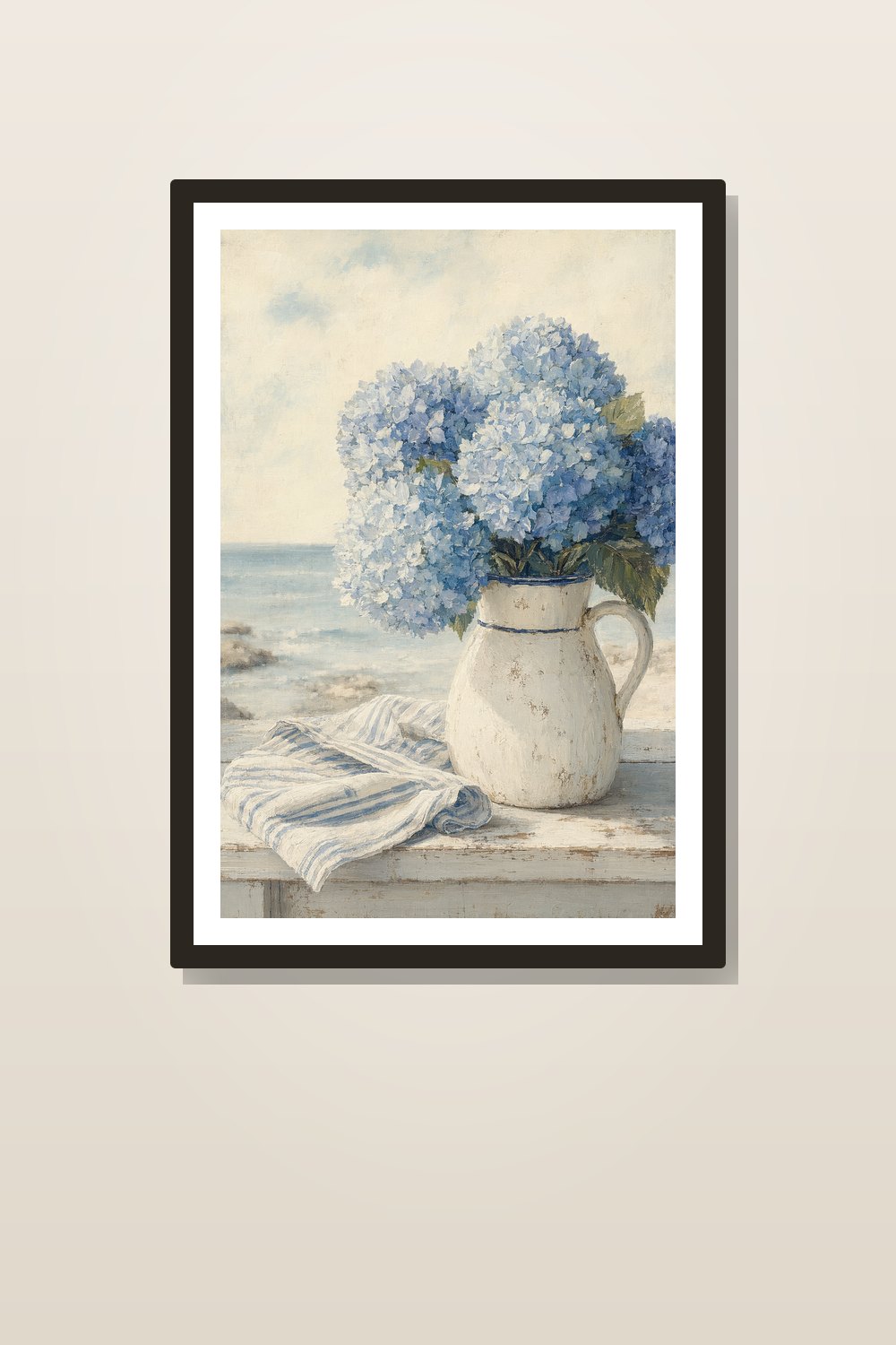 Vintage Coastal Hydrangea Wall Art Printable Set, Blue & White Beach House Decor