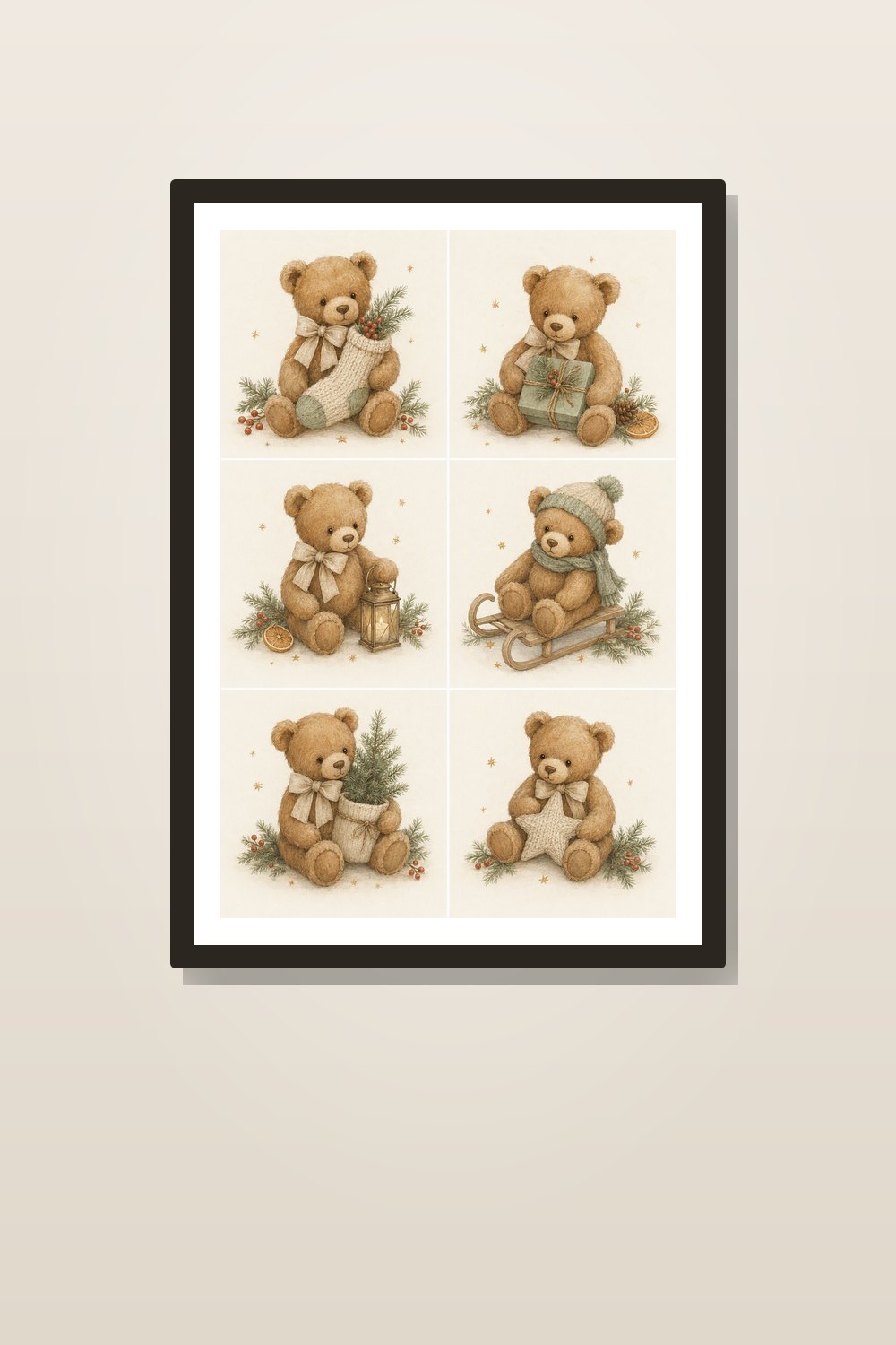 Boho Christmas Nursery Wall Art Printable Set, Teddy Bear & Rocking Horse Neutral Holiday Decor