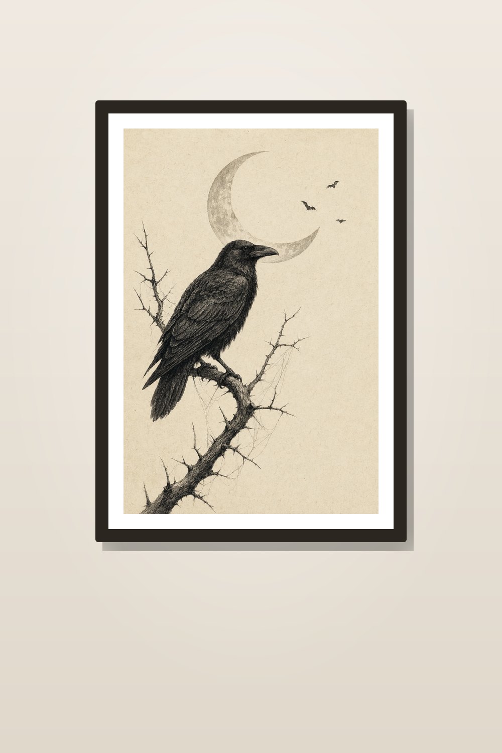 Minimalist Halloween Wall Art Printable Set, Neutral Raven Gothic Botanical Decor