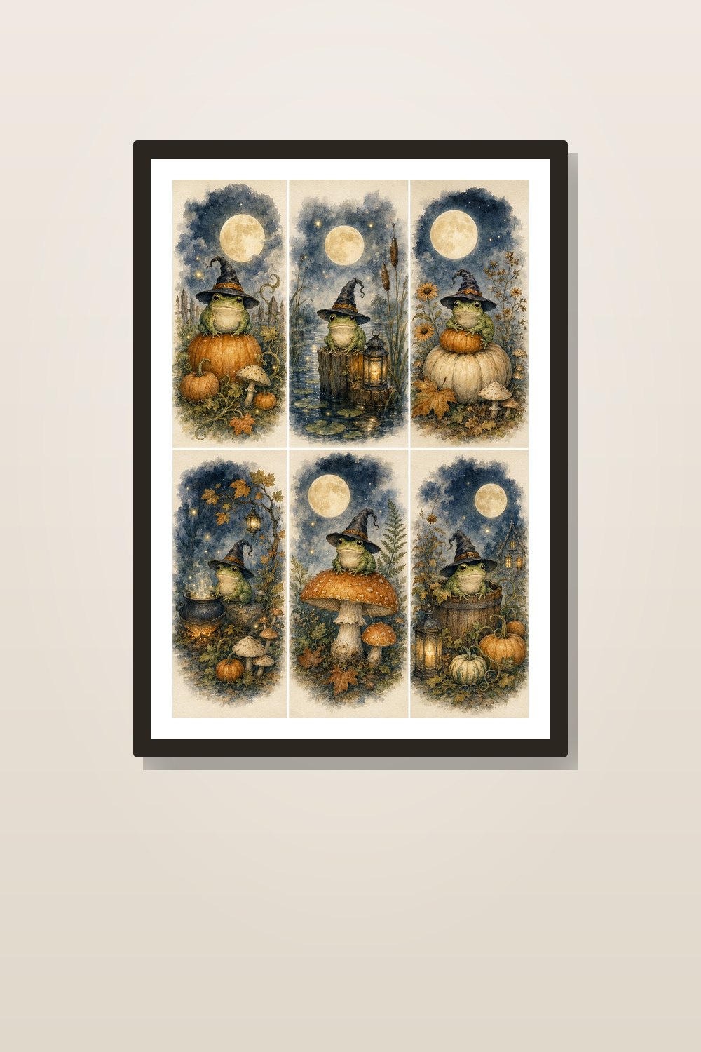 Halloween Frog Wall Art Printable Set, Watercolor Witch Frog Decor