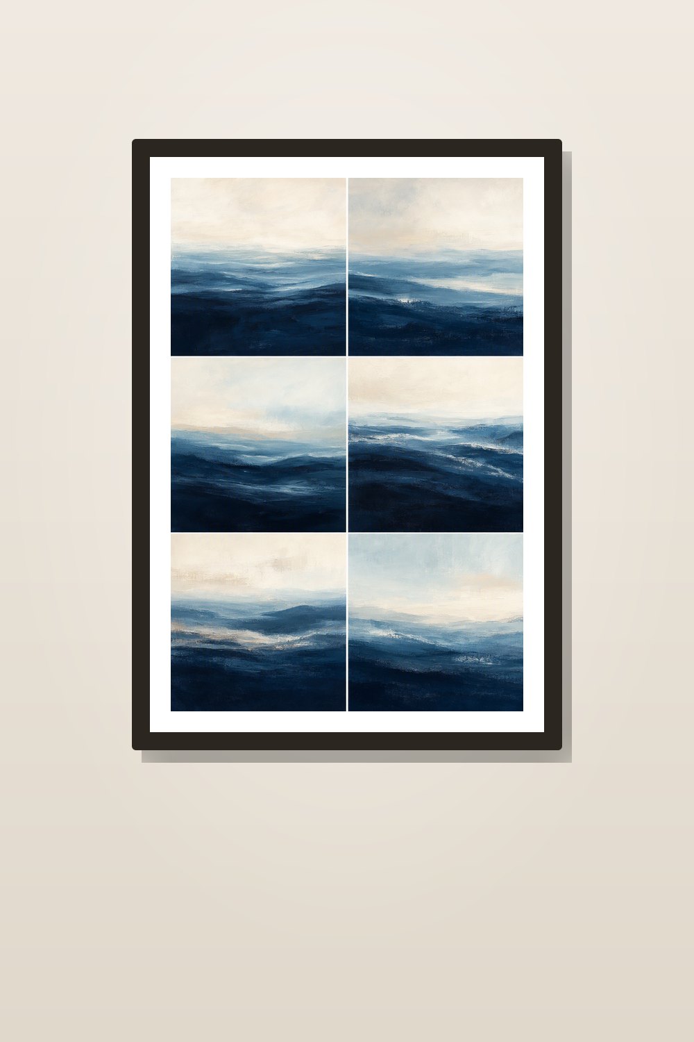 Indigo Ocean Wave Wall Art Printable Set of 6, Modern Coastal Abstract Triptych Bundle