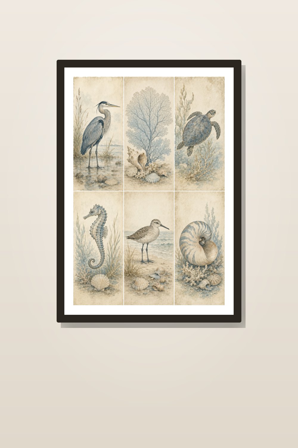 Vintage Coastal Wall Art Set, Coastal Gallery Wall Prints, Vintage Shell & Shorebird Printable Bundle, Blue Beige Beach House Decor