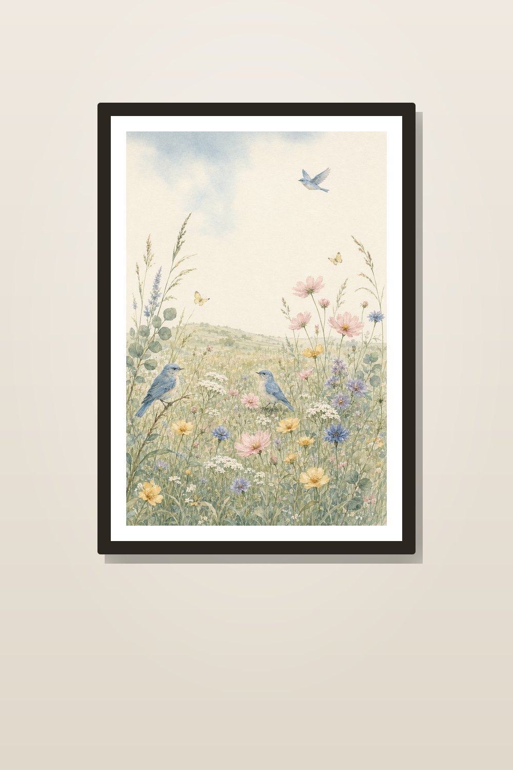 Spring Wildflower Nursery Wall Art Set of 6, Watercolor Butterfly & Bluebird Floral Prints