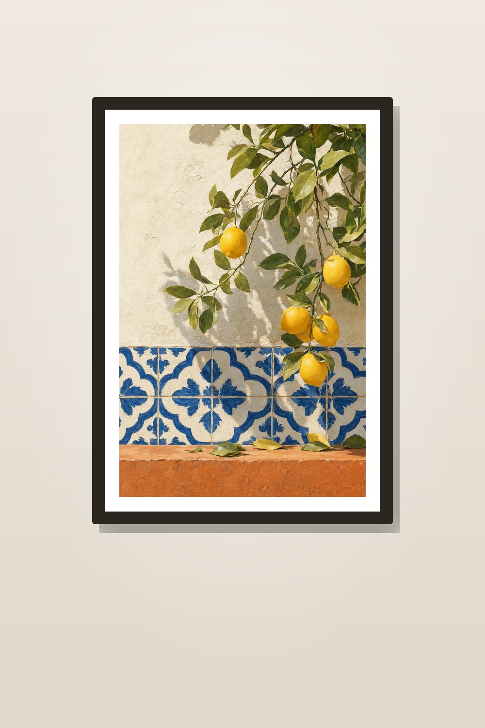 Mediterranean Lemon Wall Art Printable Set of 6, Blue Tile Coastal Kitchen Decor