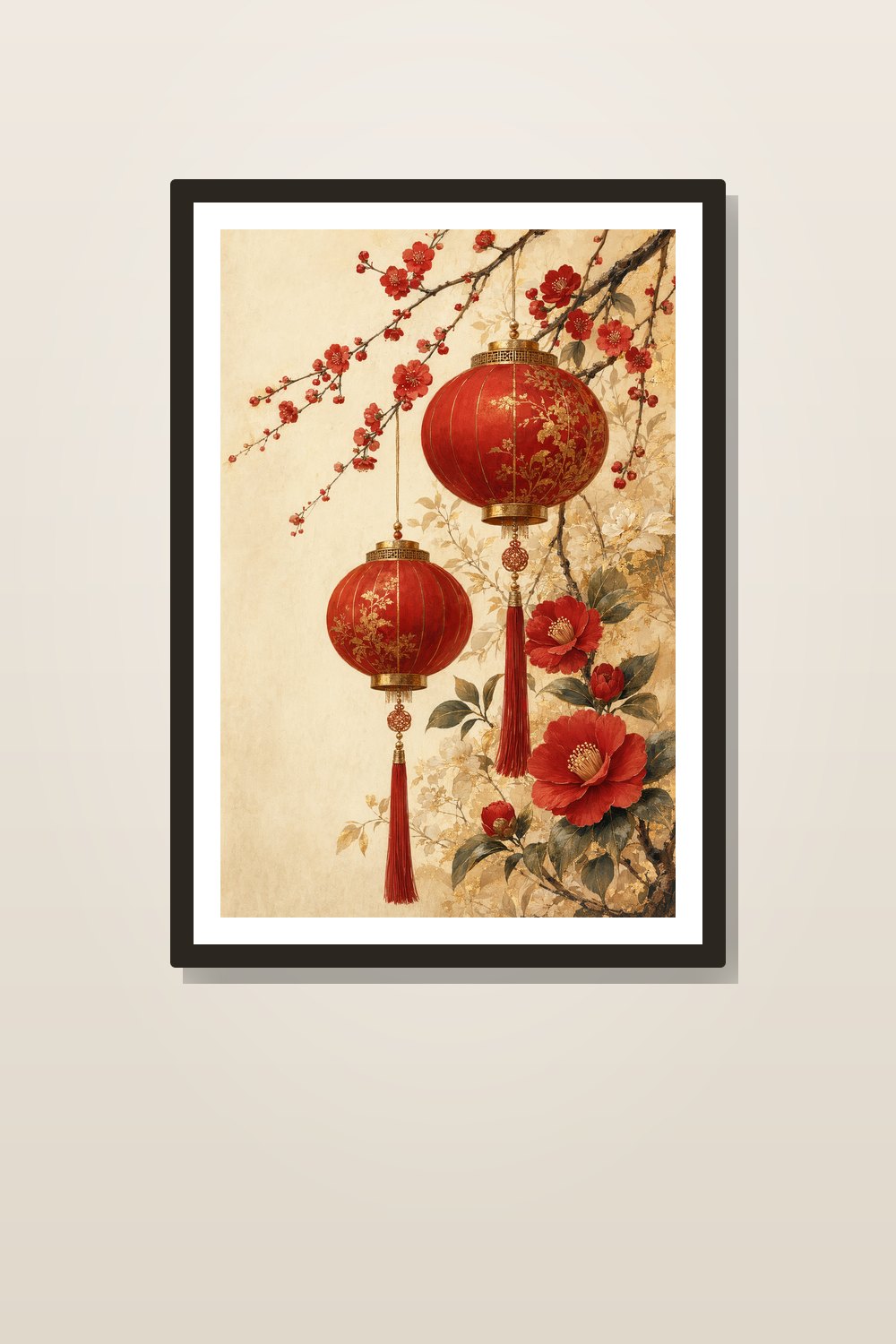 Lunar New Year Lantern Wall Art Printable Set, Red Botanical Chinese New Year Decor, Red and Gold Lunar New Year Wall Art Bundle