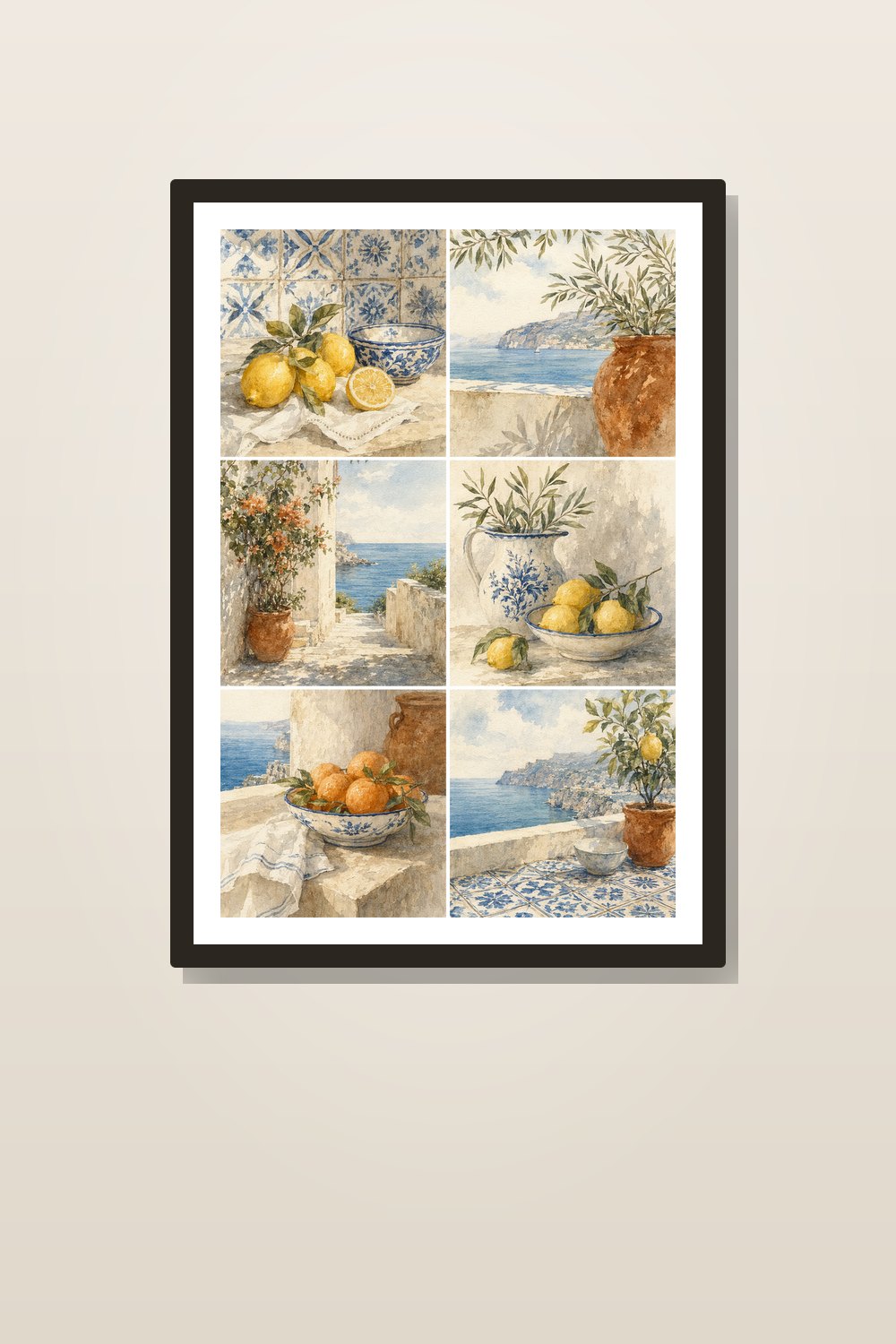 Mediterranean Lemon Wall Art Printable Set, Blue White Tile Coastal Kitchen Decor