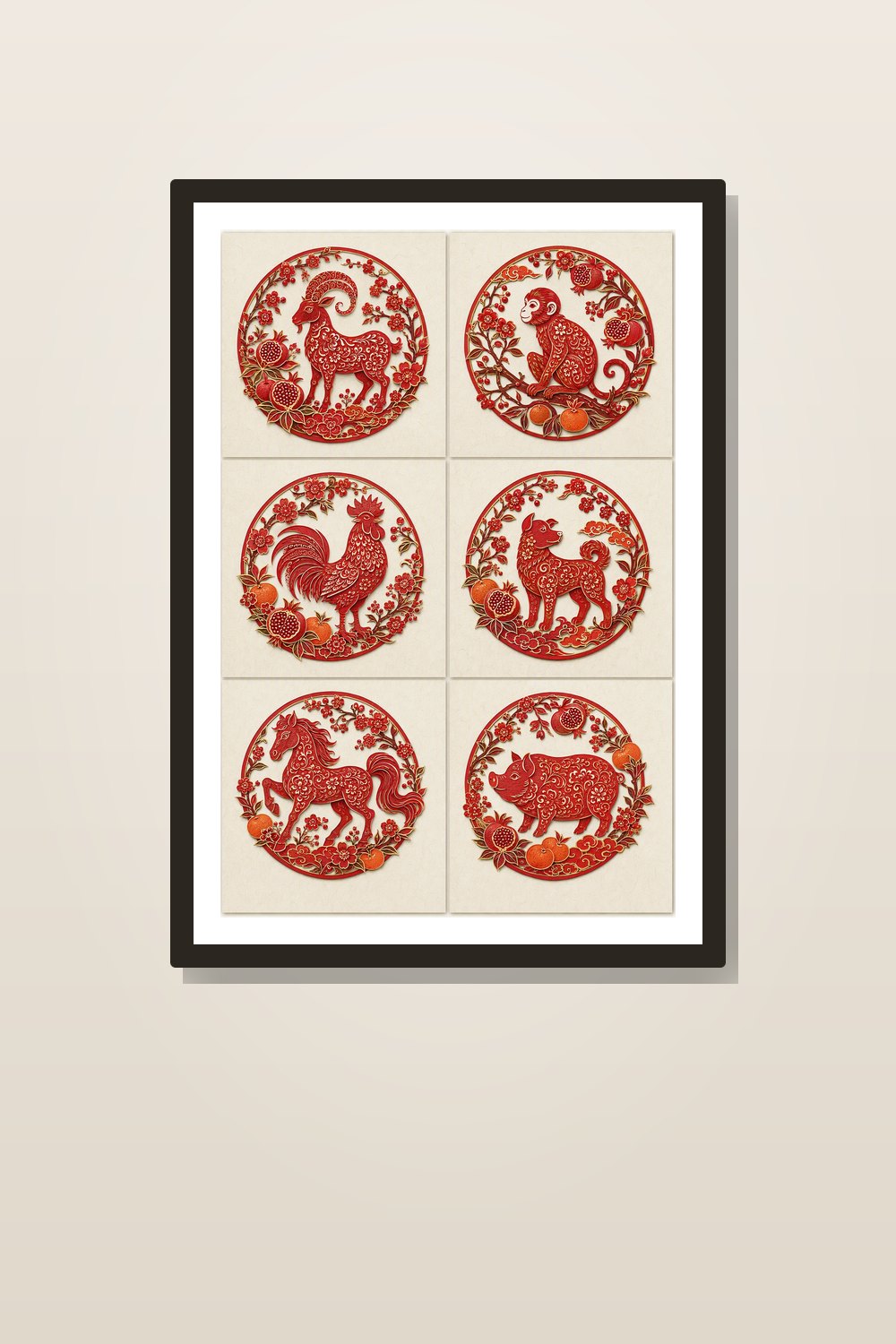 Year of the Goat 2027 Wall Art Printable Set, Lunar New Year Red Paper Cut Decor