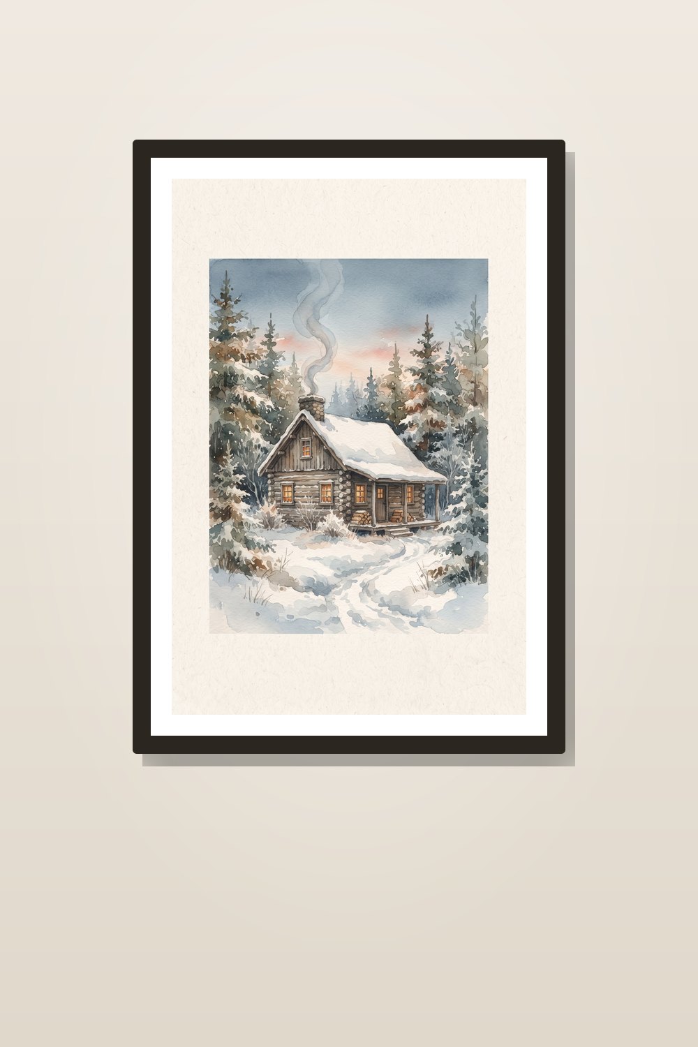 Cozy Winter Cabin Wall Art Set - Vintage Watercolor Snowy Cabin & Pine Tree Prints Gallery Wall Decor (6-Piece Digital Download) — styled in a room