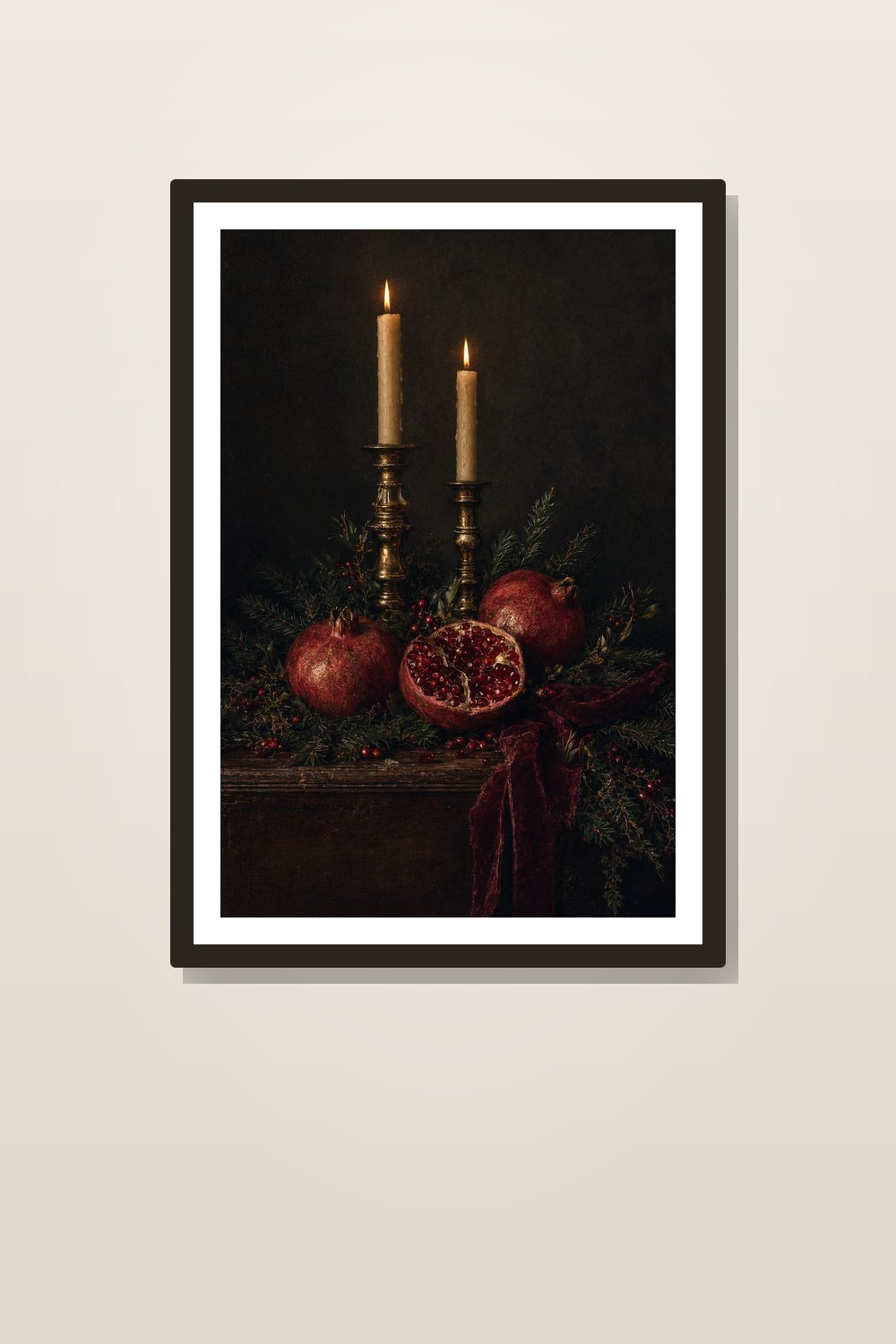 Dark Academia Christmas Wall Art Printable Set, Moody Vintage Pomegranate & Candle Decor