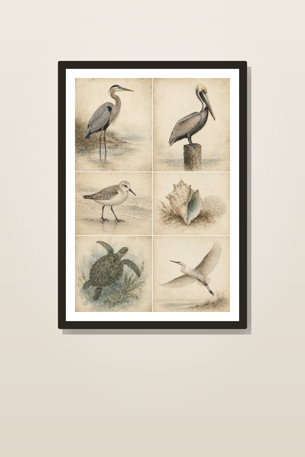 Vintage Coastal Seabird Wall Art Set, Antique Coastal Bird Prints, Neutral Beach Cottage Gallery Wall Printable Bundle of 6