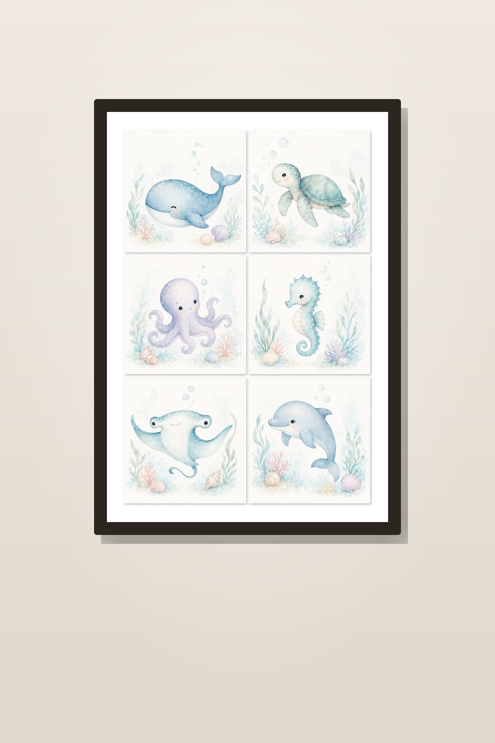 Quadros Decorativos Infantil Fundo do Mar em Aquarela Suave | Kit 6 Artes para Quarto de Bebê Oceano