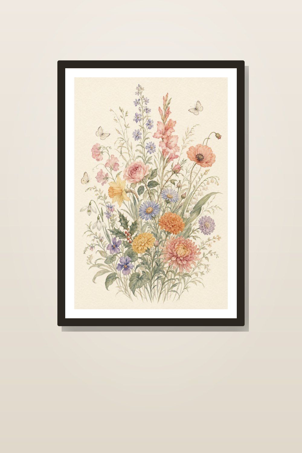 Birth Flower Nursery Wall Art Printable Set, Vintage Botanical Nursery Prints