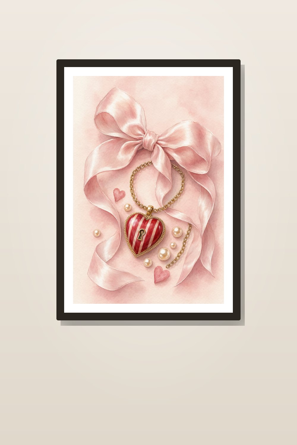 Coquette Valentine Wall Art Printable Set, Pastel Pink Bow, Cherry & Heart Locket Gallery Wall