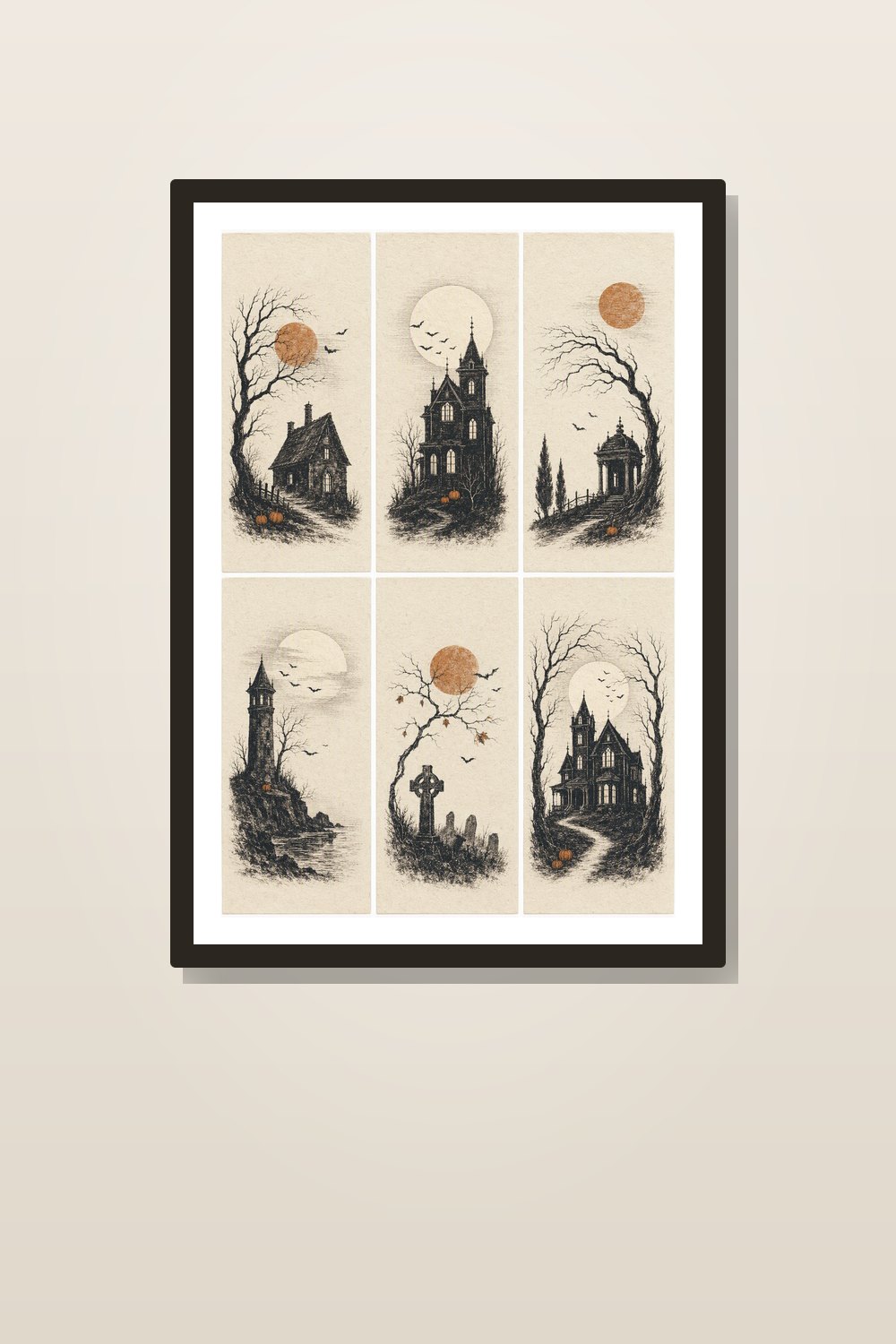 Minimalist Halloween Wall Art Printable Set, Neutral Haunted House Prints