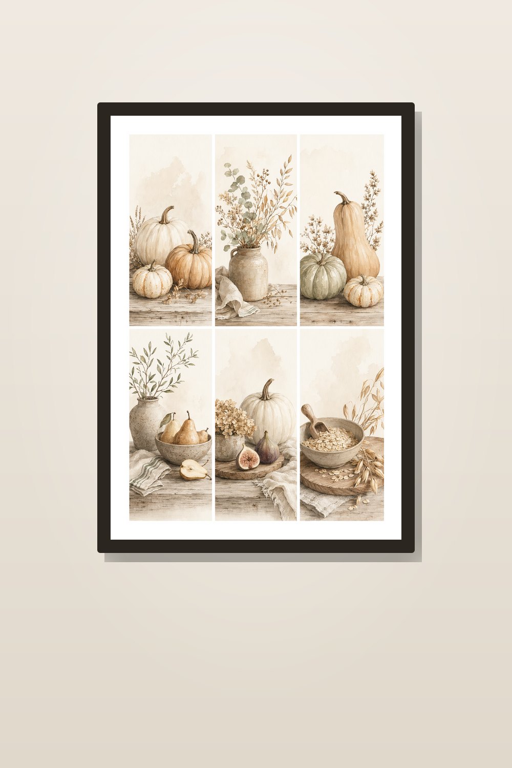 Neutral Fall Kitchen Wall Art Printable Set of 6, Watercolor Pumpkin Printable Wall Art, Autumn Kitchen Decor Digital Download
