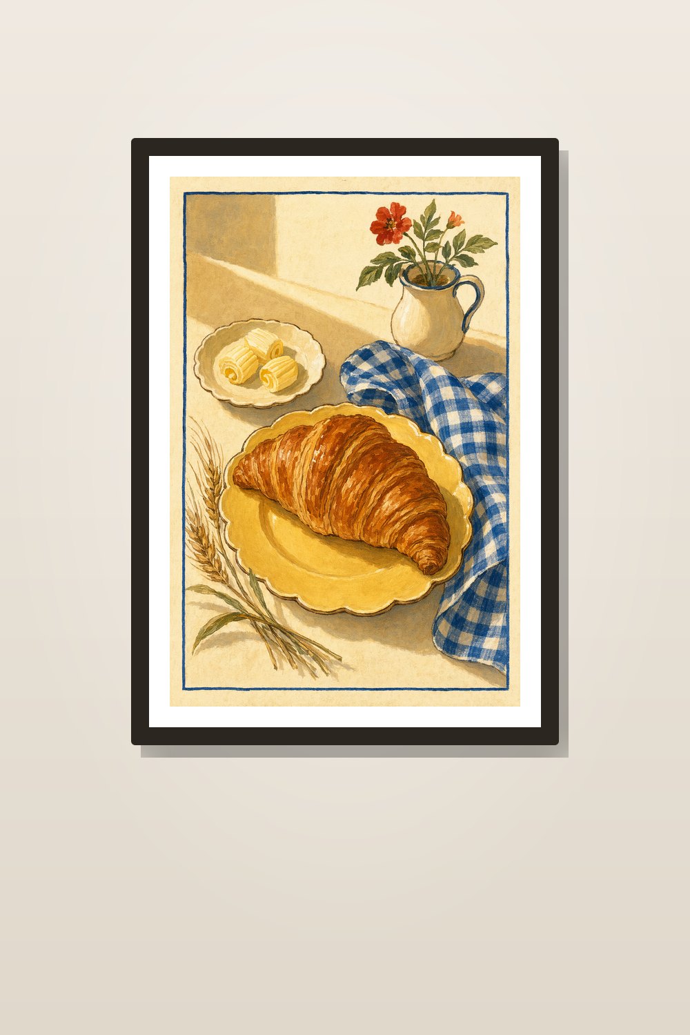 Retro French Bakery Wall Art Printable Set, Croissant & Baguette Kitchen Prints