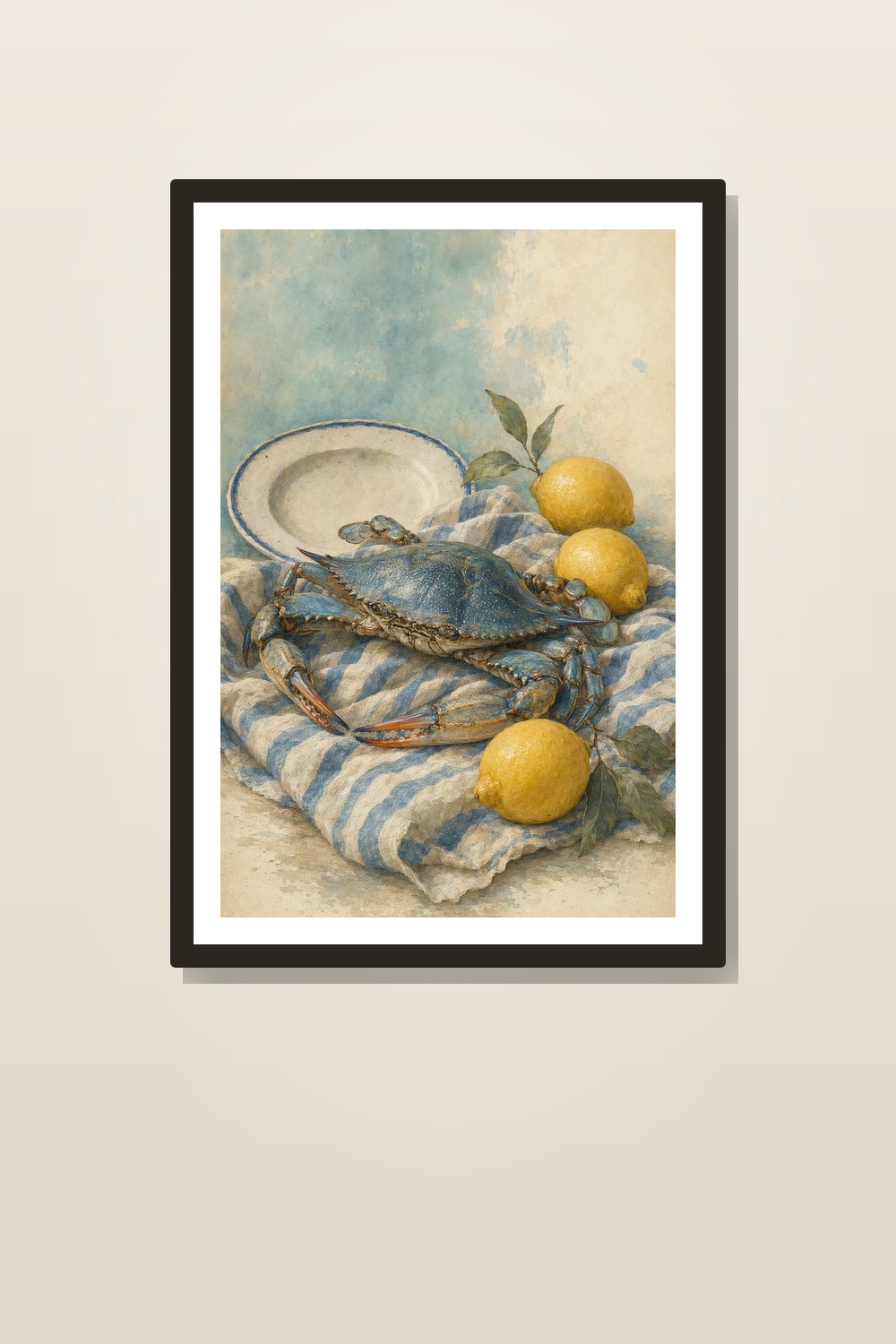 Vintage Blue Crab Wall Art Printable Set, Coastal Kitchen Decor