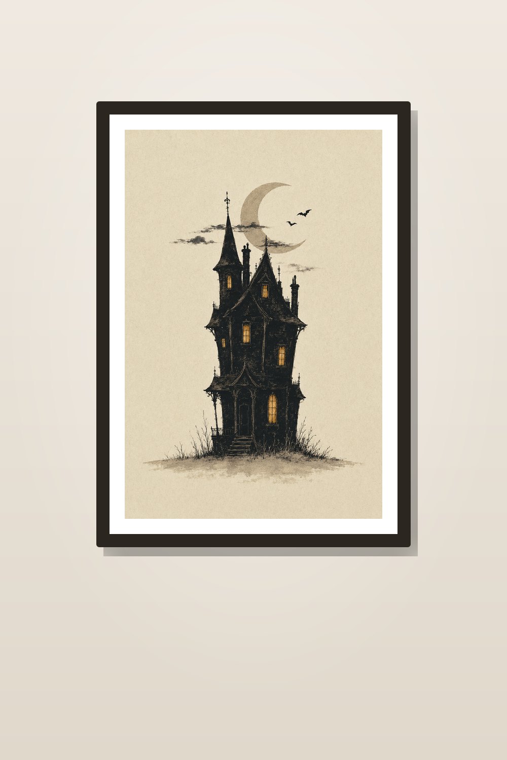 Minimalist Halloween Wall Art Set, Haunted House Printable Gallery Wall, Neutral Black & Cream Decor