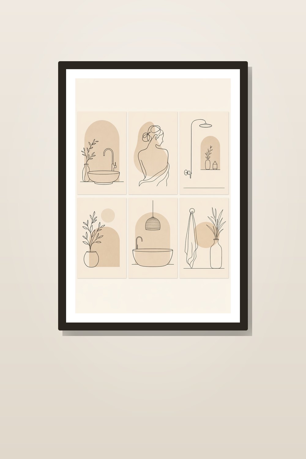 Minimalist Bathroom Wall Art Printable Set, Neutral Black Beige Bathroom Line Art Bundle, Modern Powder Room Decor, 6 Print Pack